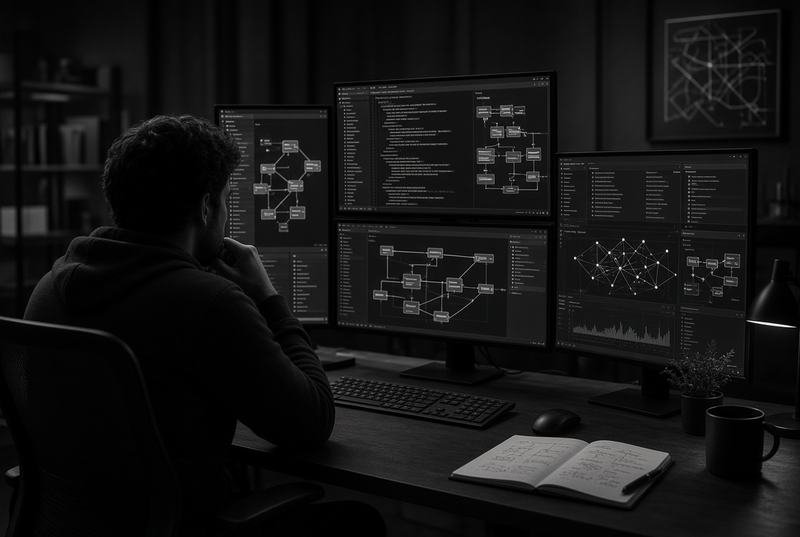 An AI developer working at a multi-monitor desk late in the day
