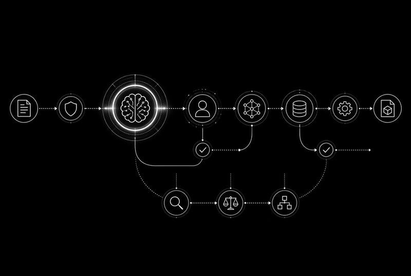 A chain of connected steps with a brain at the centre, showing an AI agent planning a task and calling tools in sequence