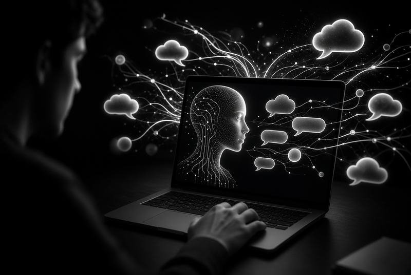 A developer at a laptop with conversation bubbles and an assistant's face in light, from chatbot development work