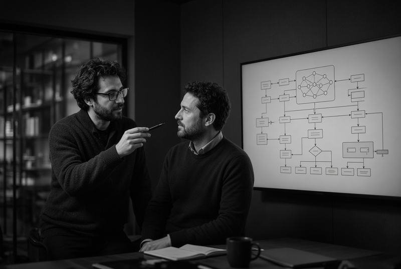 Two engineers working through an architecture diagram on a whiteboard, representing AI consulting and technical strategy
