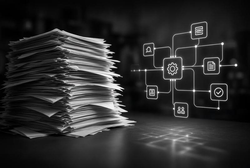 A stack of documents feeding an automated review and publishing flow