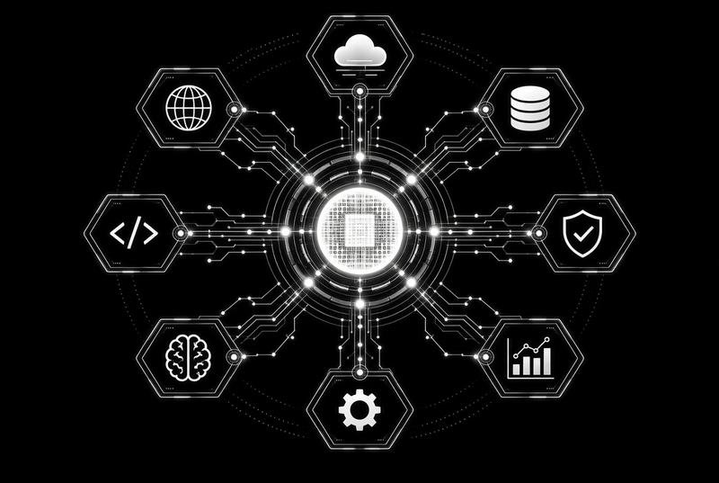 A ring of industry and technology icons around a central processor