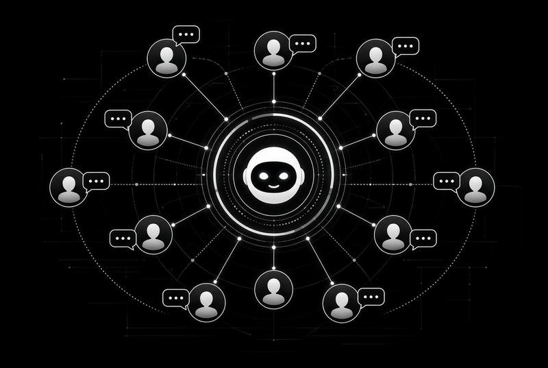 An assistant at the centre of a ring of customer avatars, representing automated retail support