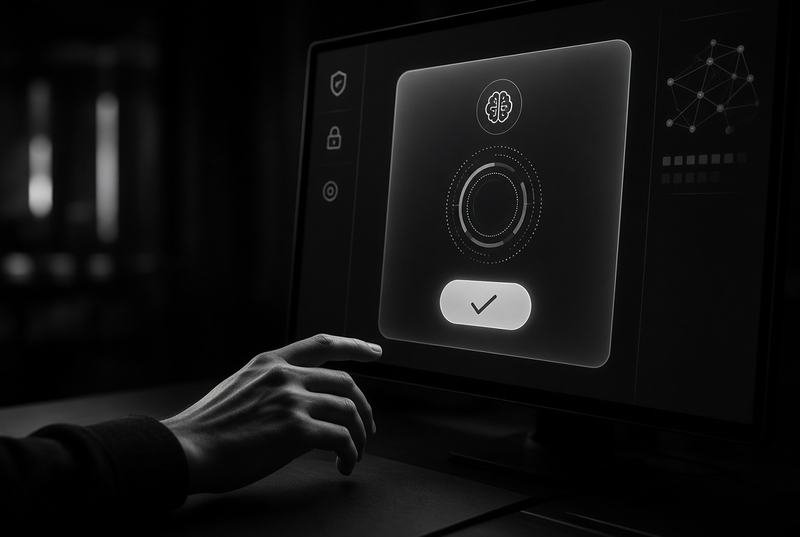 A hand approving a transaction on a verification screen, representing human review in financial workflows