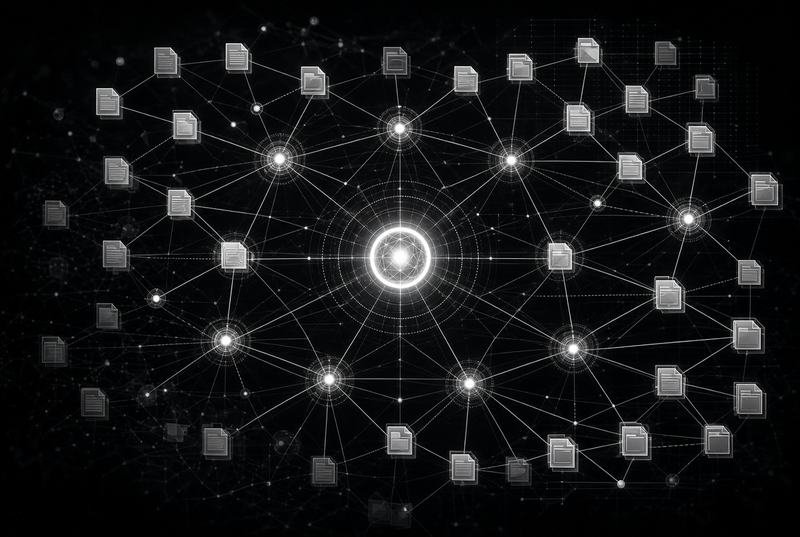 A network of document nodes around a bright centre, representing clinical records made searchable