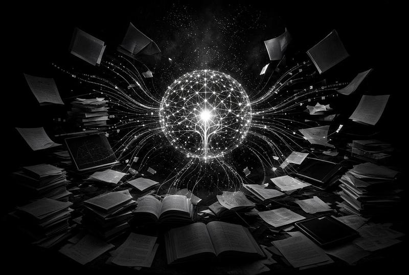 Books and documents drawn into a point of light, representing contract and case material made searchable