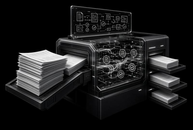 Stacks of paperwork passing through a machine and emerging ordered, representing automated logistics documentation