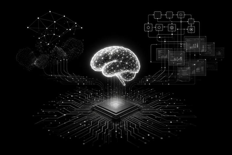 A glowing brain above a processor on a circuit board, representing AI systems built on ordinary engineering