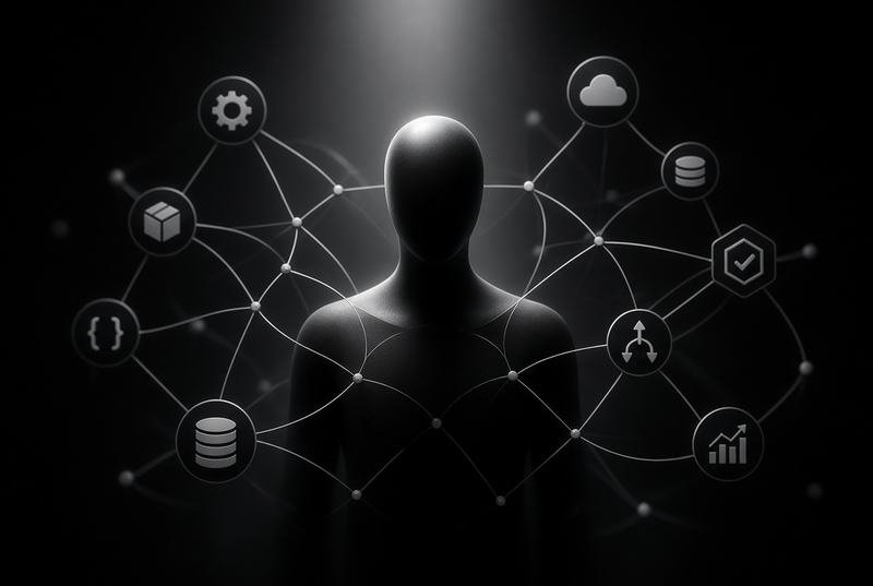 A developer silhouetted against a web of connected service icons: databases, APIs, security and analytics