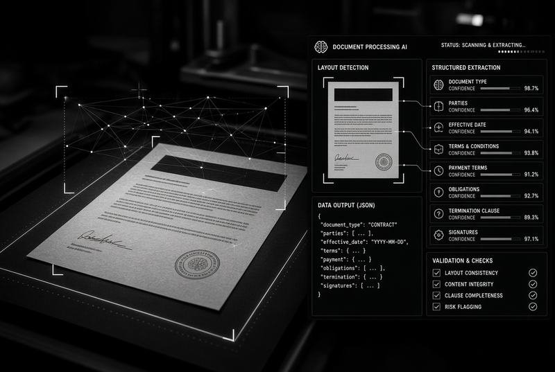 A scanned document beside an extraction panel of structured fields and confidence scores, from AI document processing