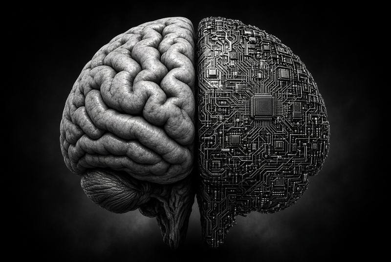 A brain seen from above, one half folded tissue and the other a circuit board