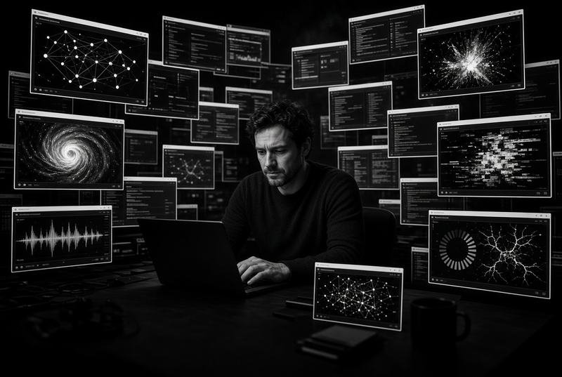 A person surrounded by floating panels of charts and signals, representing automated lead scoring