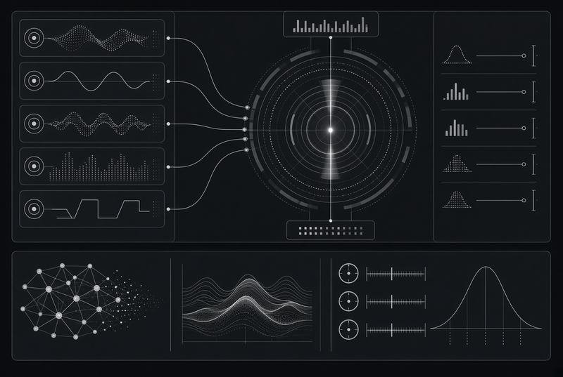 An evaluation dashboard of dials, waveforms and comparison charts, representing measured AI model performance
