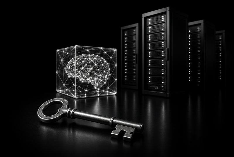 A key beside server racks and a contained model, representing ownership and access to what gets built