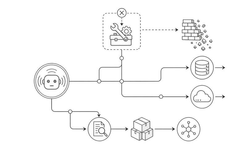 A branching diagram from an assistant out to databases, cloud storage and services, representing packaged AI solutions