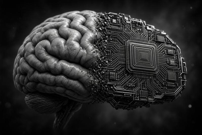 A brain in profile, half folded cortex and half circuit board, representing AI systems architecture