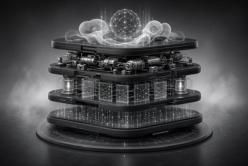 Layered circuit boards beneath a cloud, representing the stack an AI system runs on