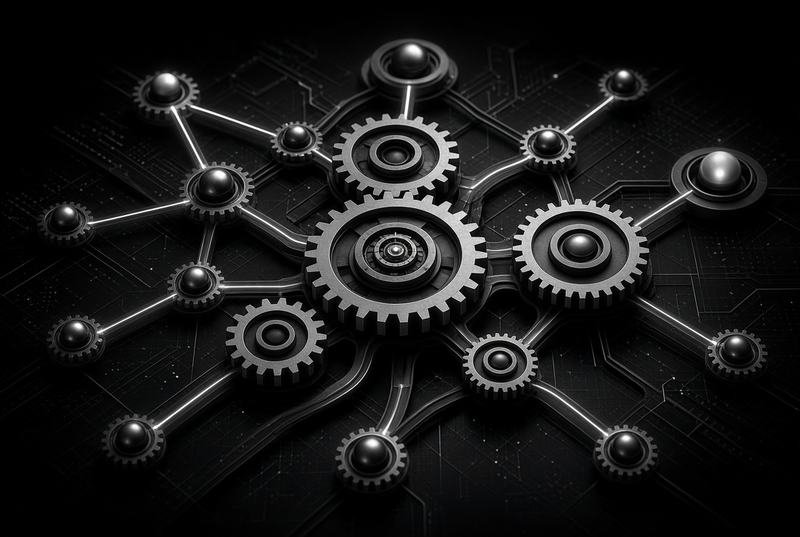 Interlocking gears joined by a network of connections, representing automated business workflows