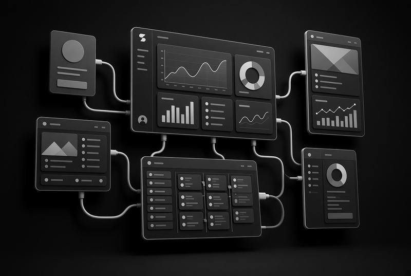 Connected application screens exchanging data through visible links, representing API development and integration