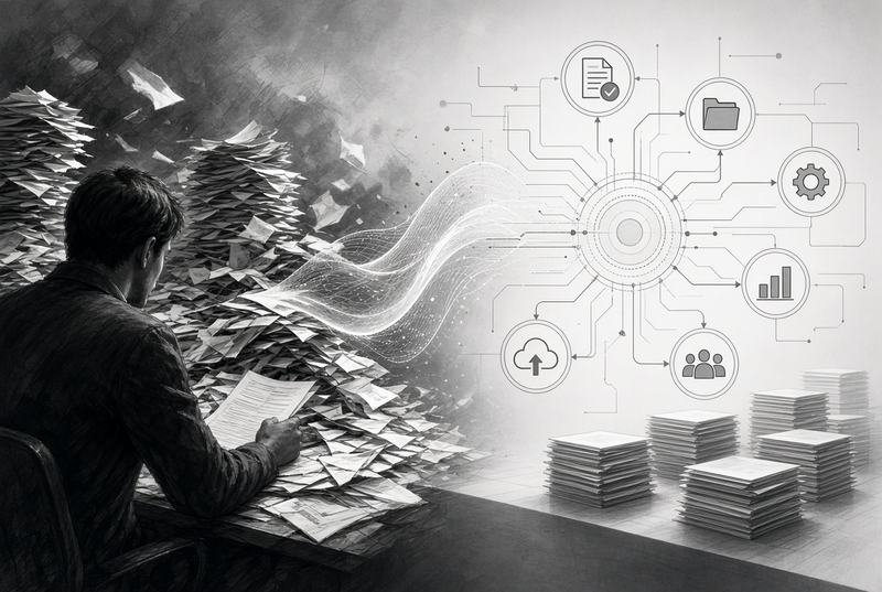 Scattered paperwork resolving into an ordered flow of tasks and approvals, representing back-office automation