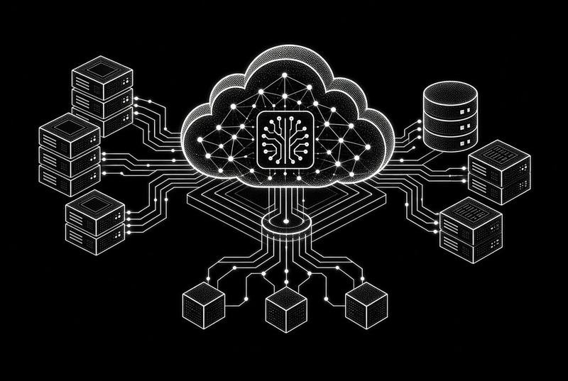 A cloud connected by circuit traces to blocks of infrastructure, representing cloud deployment