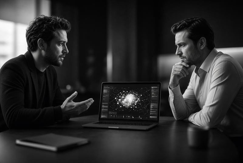 Two people discussing a project across a laptop showing a network graph