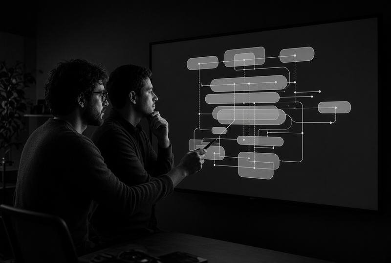 Two engineers reviewing an architecture diagram together on screen