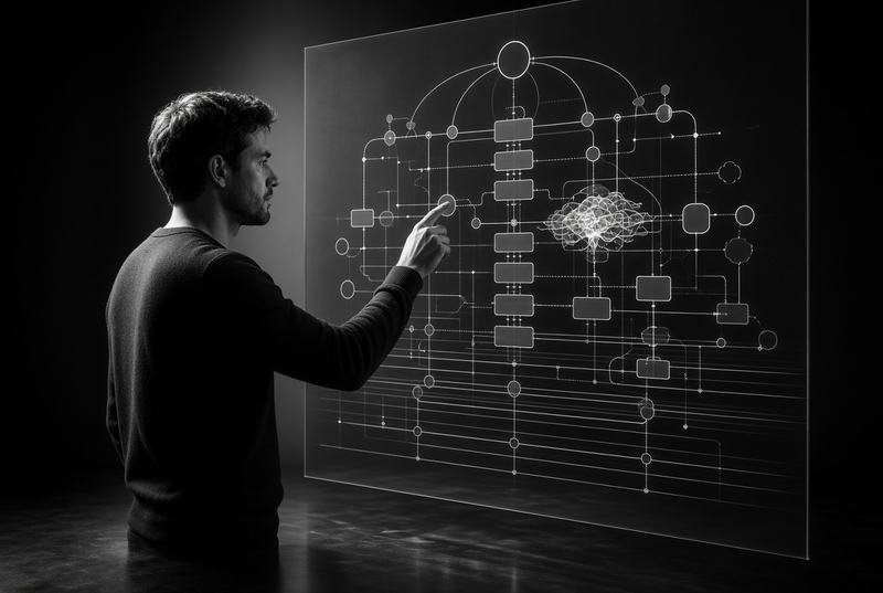 A developer stepping through a system flow diagram on a large display
