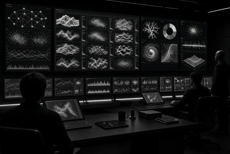 An operations room of monitors showing live charts and model output