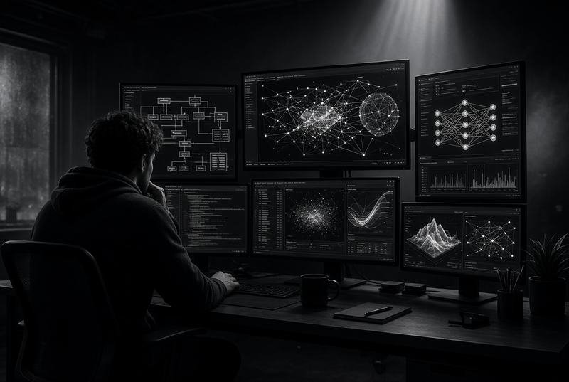 A developer working across three monitors of code and analytics