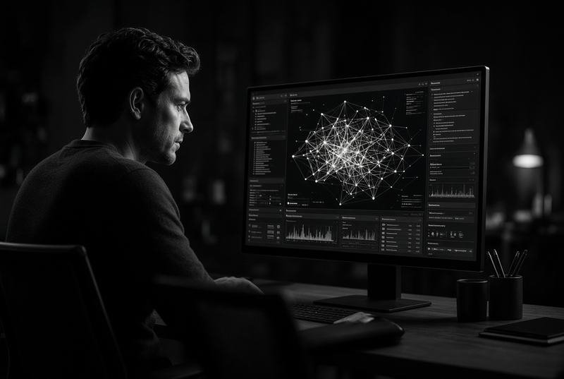 An AI developer reviewing a live network graph on a monitor