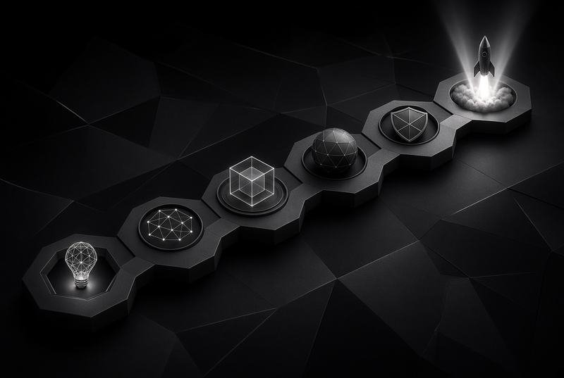Stepping stones lit in sequence toward a bright endpoint, representing the stages of an AI project