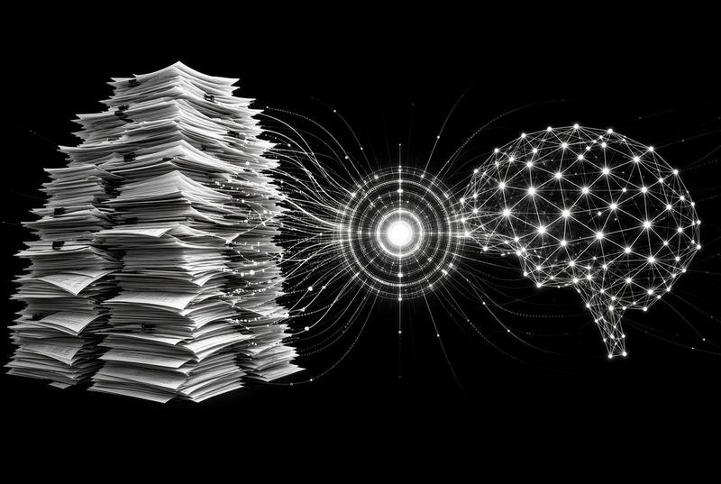 A tall stack of paperwork resolving into a wireframe brain, representing an internal knowledge assistant