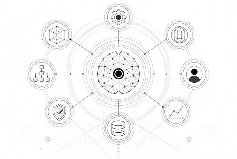 A central model node wired to databases, cloud services and applications, representing LLM API integration