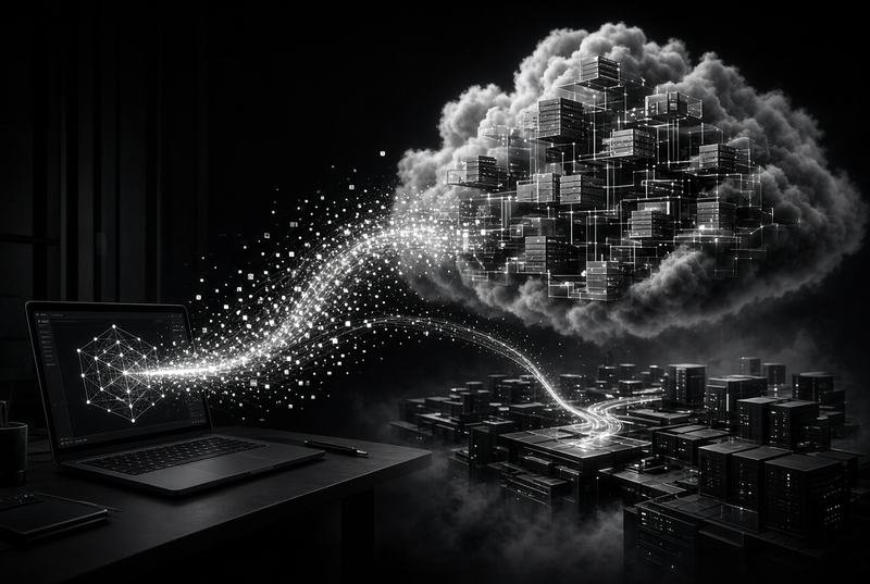 A laptop streaming data up into a cloud of service blocks, representing Node.js services in production