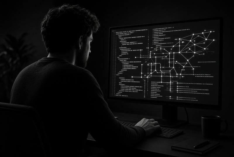 A developer reading a dependency graph on screen, representing Python work on AI systems