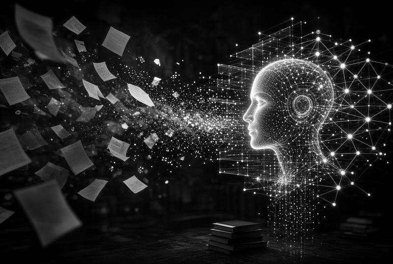 Documents streaming into a wireframe head: retrieval-augmented generation answering from a company's own content
