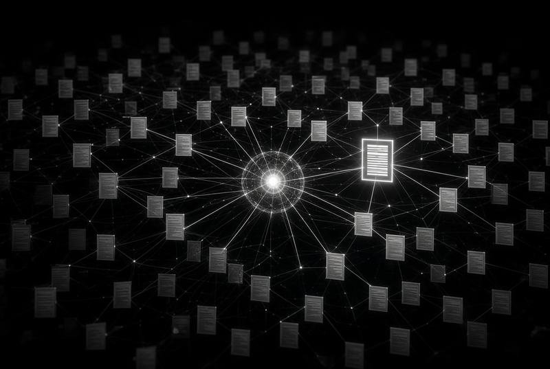 A grid of documents with a single one retrieved and lit, representing retrieval rather than retraining
