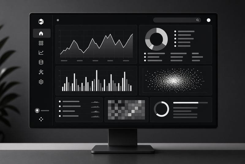 A product dashboard rendered on a monitor, representing React and Next.js front-end work