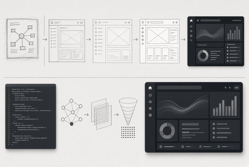 Wireframes progressing into code and then a working dashboard, representing SaaS and MVP development