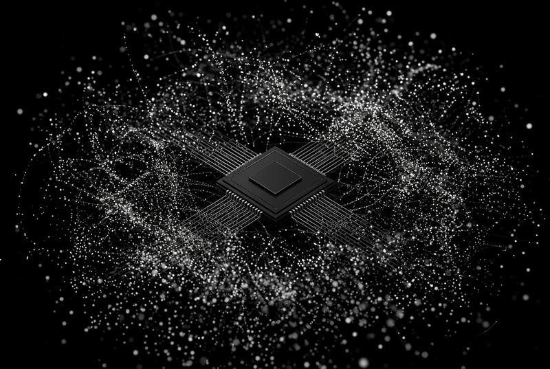 A dense cloud of points forming crossing structures, representing embeddings stored in a vector database